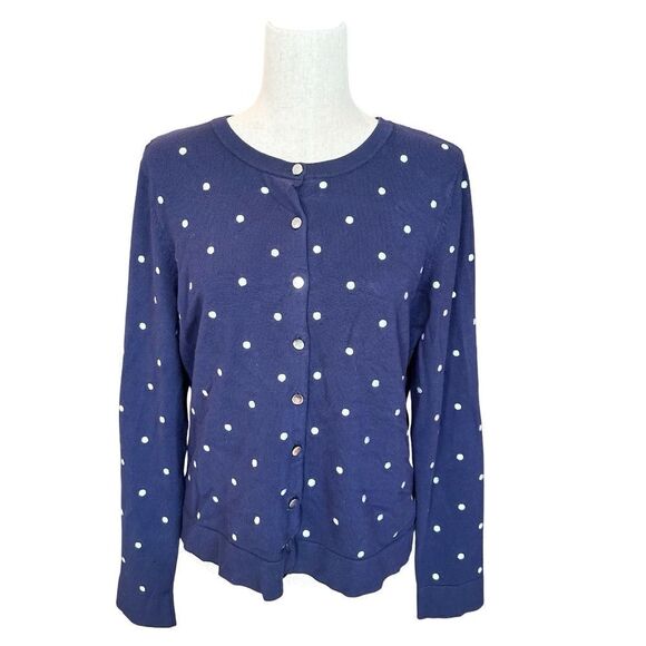 Charter Club Sweaters - Charter Club Long Sleeve Button Up Polka Dot Cardigan Navy Blue/White Size Large